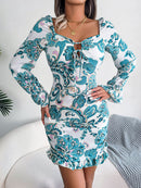 Printed Drawstring Ruffle Hem Dress