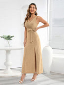 Slit Surplice Tie Waist Sleeveless Dress