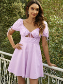 Ruched Cutout Tied Puff Sleeve A-Line Dress