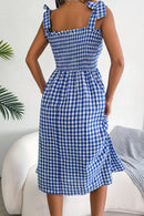 Plaid Tie Shoulder Frill Trim Midi Dress