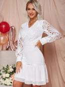 V-Neck Ruffle Hem Spliced Lace Dress