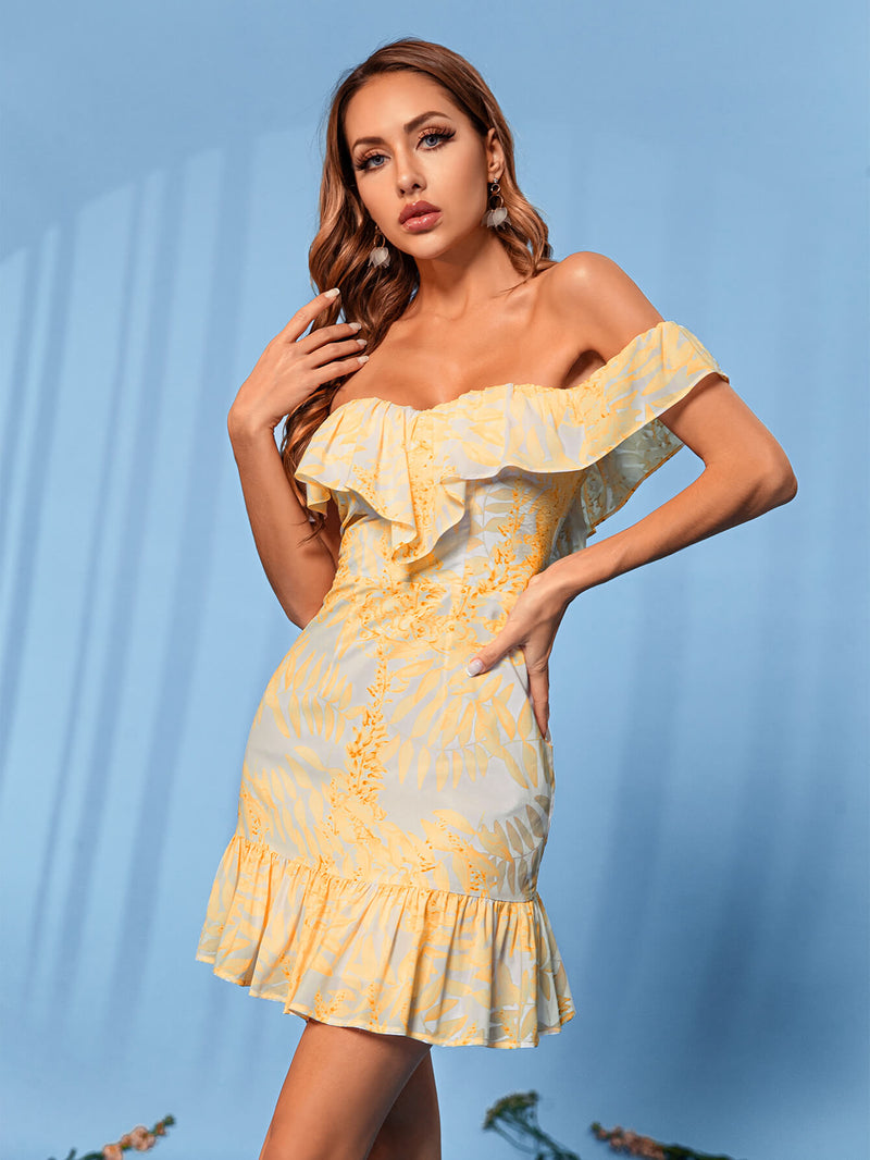 Printed Off-Shoulder Lace-Up Ruffle Hem Mini Dress