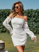 Eyelet Frill Trim Flounce Sleeve Off-Shoulder Dress