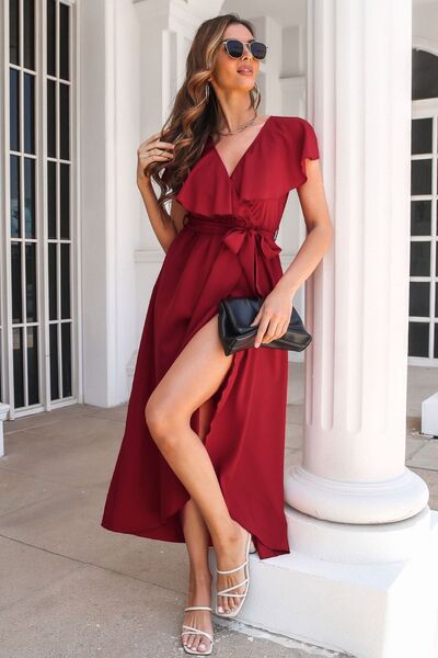 Ruffled Surplice Tie Waist Slit Midi Dress