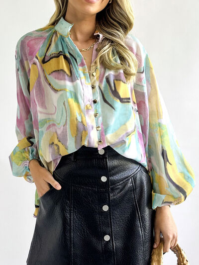 Printed Button Up Balloon Sleeve Shirt