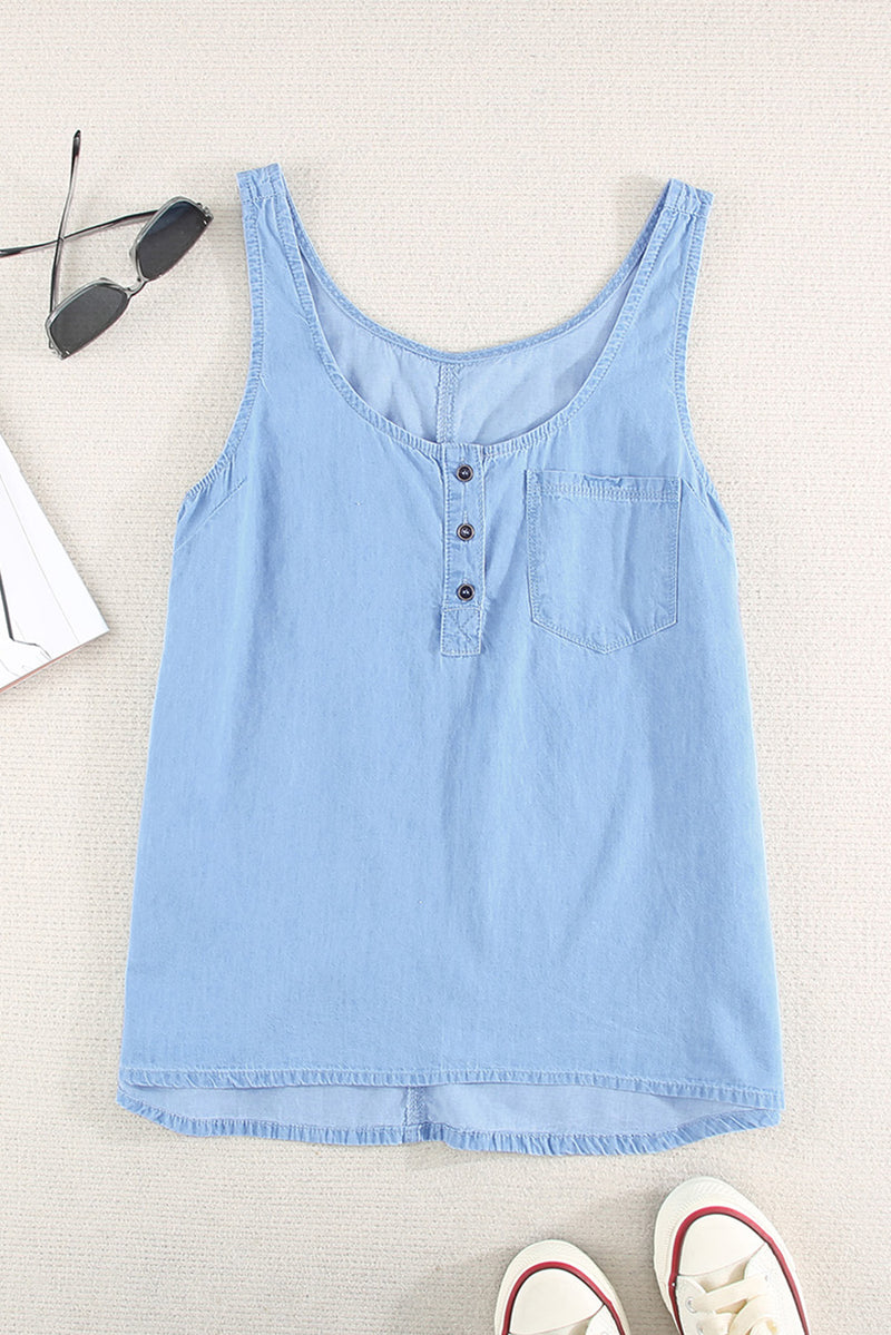 Denim Scoop Neck Quarter Button Down Tank