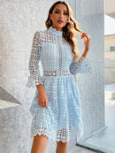 Flare Sleeve Mock Neck Zip-Back Lace Dress