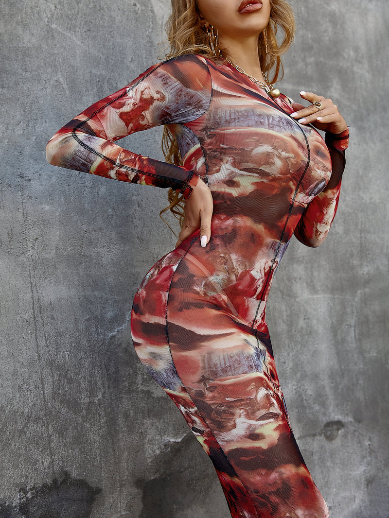Printed Long Sleeve Crewneck Midi Bodycon Dress