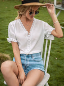 Flounce Cuff Lace Trim V-Neck Blouse