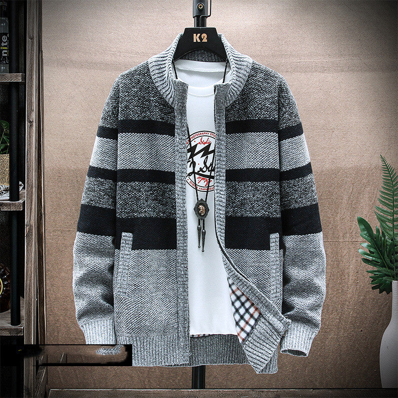 Stand-up Collar Striped Men's Plus Fleece Sweater Knit Sweater